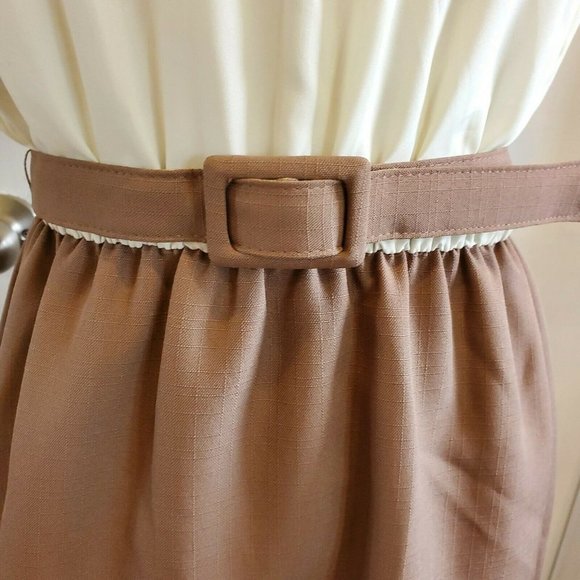 Vintage 70s Sheath Dress Belted‎ Neutral Career - Picture 3 of 12